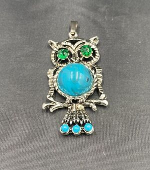 Owl Turquoise Cabochon Belly Pendant Necklace Green Rhinestone Eye Retro